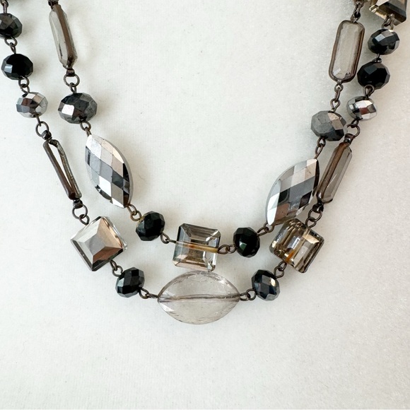 Vintage Necklace Black & Clear Glass  Plastic Faceted Beads Double Strand - Picture 2 of 7